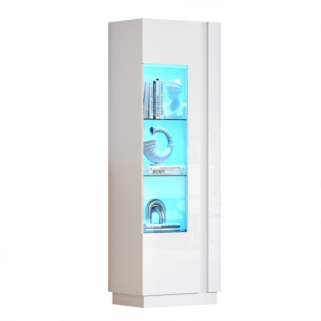 Armadio 60*40*180cm, Vetrina con Porta in Acrilico, Armadio di Stoccaggio Lucido con Illuminazione LED, 3 Ripiani in Vetro, Bianco