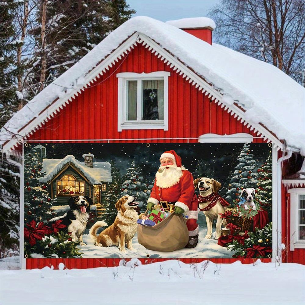 Grande bannière de porte de garage de Noël, scène de Père Noël et chiot avec cadeaux, adaptée à la décoration extérieure des fêtes en hiver
