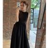 Black round neck sleeveless French retro super fairy knee dress women's spring design hollow backless long dress