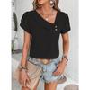 Camiseta feminina verão gola inclinada cor sólida manga curta top