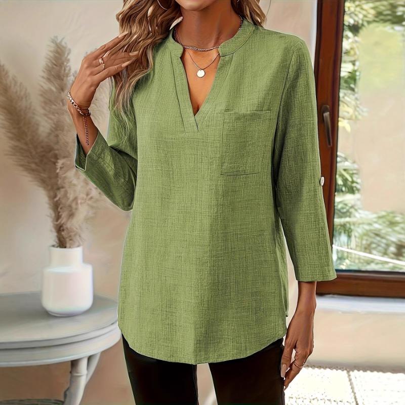 Casual V Neck Large Size Loose Women Blouse Fashion Elegant Tops Pocket Short Sleeve Simple Office Shirts Spring Solid Color Cothing