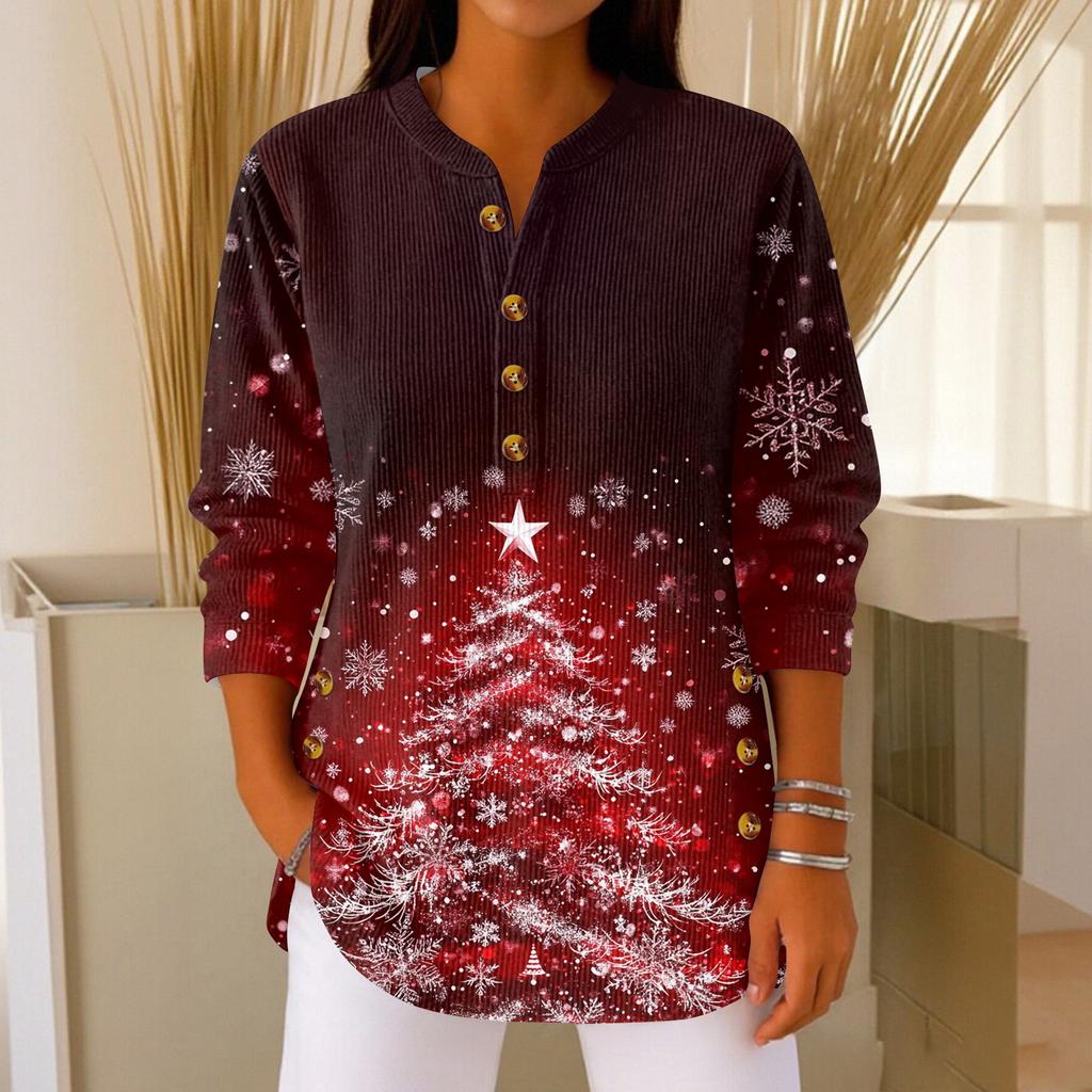 Women's Fashionable Button Collar Long-sleeved Christmas Print Pullover Top