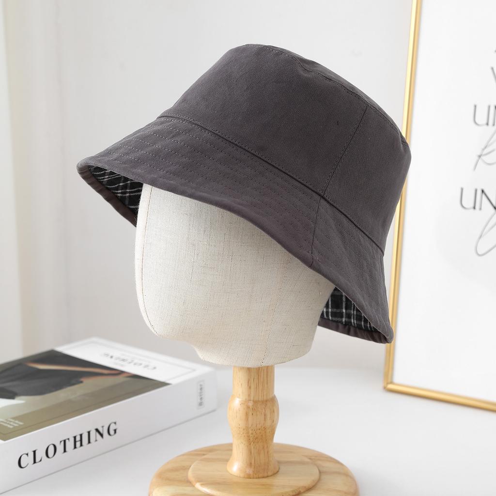 Autumn Winter Bucket Hat Women Double Sided Plaid Fisherman Cap Flat Top Foldable Sunshade Korean Style Casual Vintage