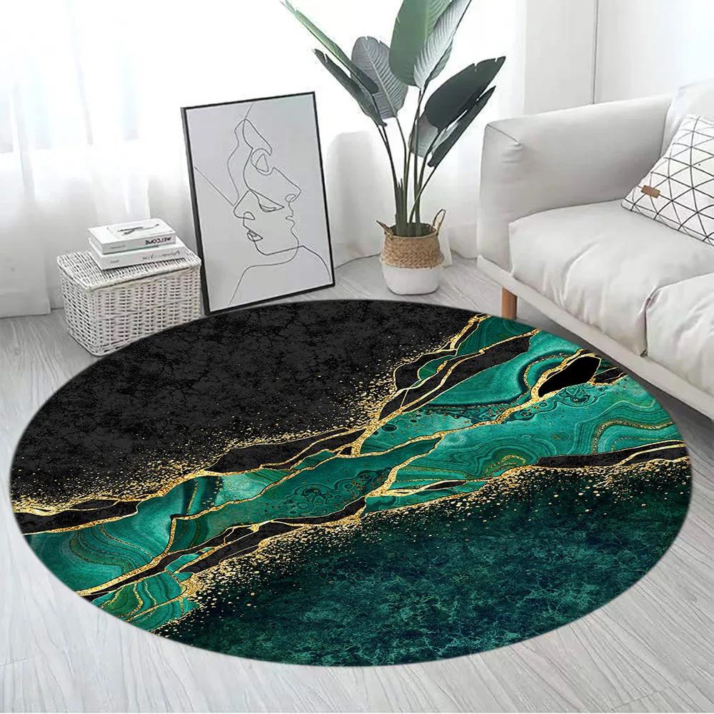 Abstract Blue Marble Round Carpet Gold Textured Geometric Pattern Black Home Rugs Living Room Bedroom Decor Sofa Rug Floor Mats