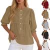 Women’s Loose Fit Linen Blouse with Puff Sleeves Button Front Design and Round Neckline for Casual Daily Wear