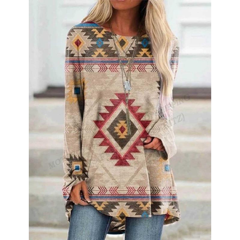 Ethnic 3d Print T-shirt Women Fashion Casual Long Sleeve Tops Tees Graphic Print Loose Harajuku Vintage Tees
