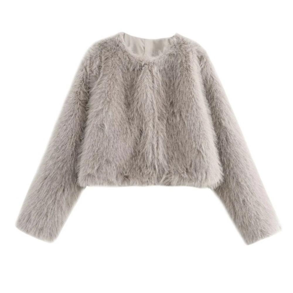 Faux Fur Jacket Fashion Women's Faux Fur Effect Round Neck Long Sleeve Short Jacket