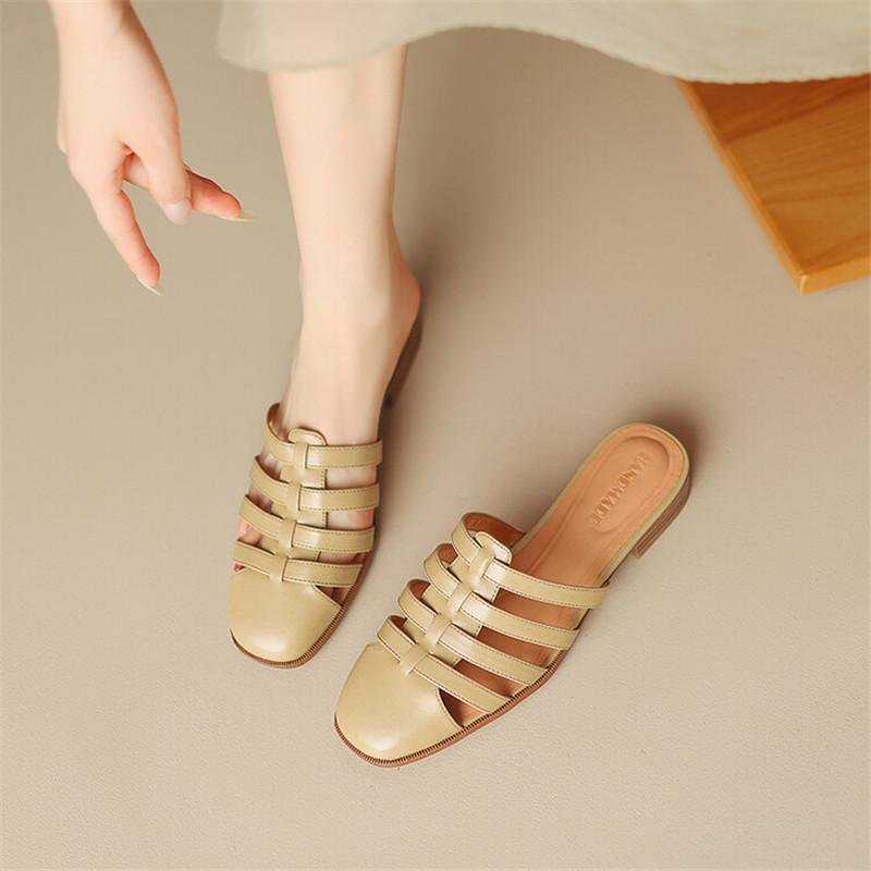 Fashion 2025 New Summer Shoes Women Square Toe Shoes for Women Split Leather Women Slippers Low Heels Mules Handmade Gladiator Shoes