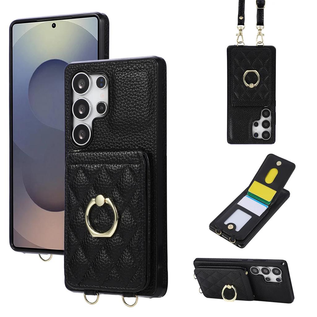 Ring Flip Lanyard Leather Wallet Card Phone Case for Samsung Galaxy S25 Edge S24 S23 S26 Ultra S22 Plus S21 FE S20 Note 20 Cover