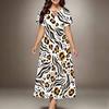 Women Plus Size Round Neck Keyhole Cutout Short Sleeve Leaves Printed Maxi Dress