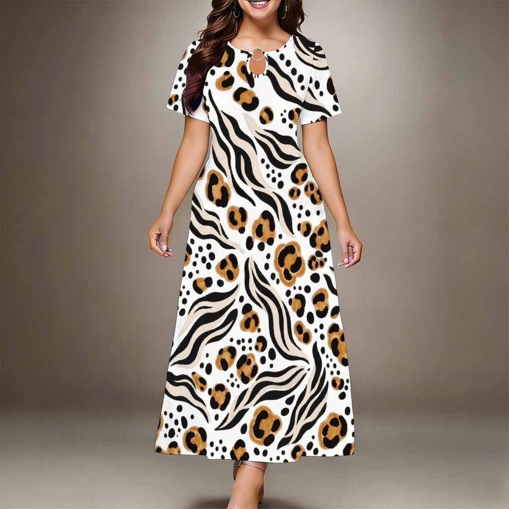Women Plus Size Round Neck Keyhole Cutout Short Sleeve Leaves Printed Maxi Dress