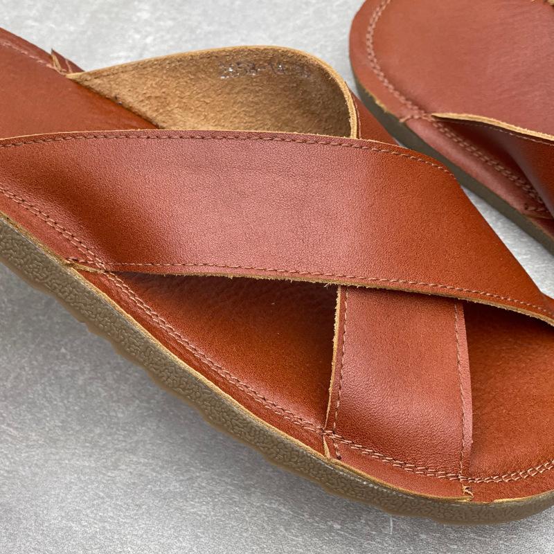 Johnature Handmade Genuine Leather Flat Slippers Soft Cowhide Soft Sole Comfortable Women's Outdoor Slides