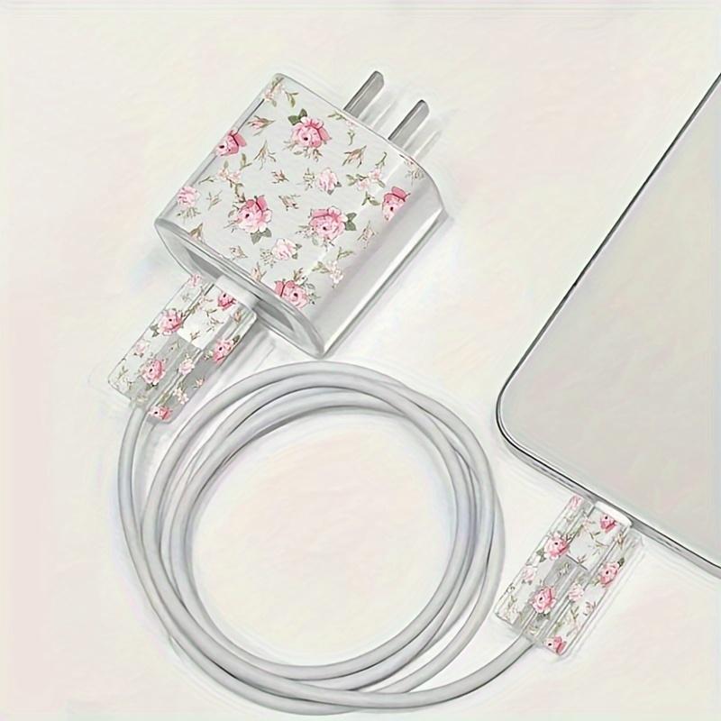 3pcs Set Peony Flower Suitable Charger Protective Cover 20w Data Cable Protective Cover 14 15 Protective Cover Charger Cable 18W Transparent Case
