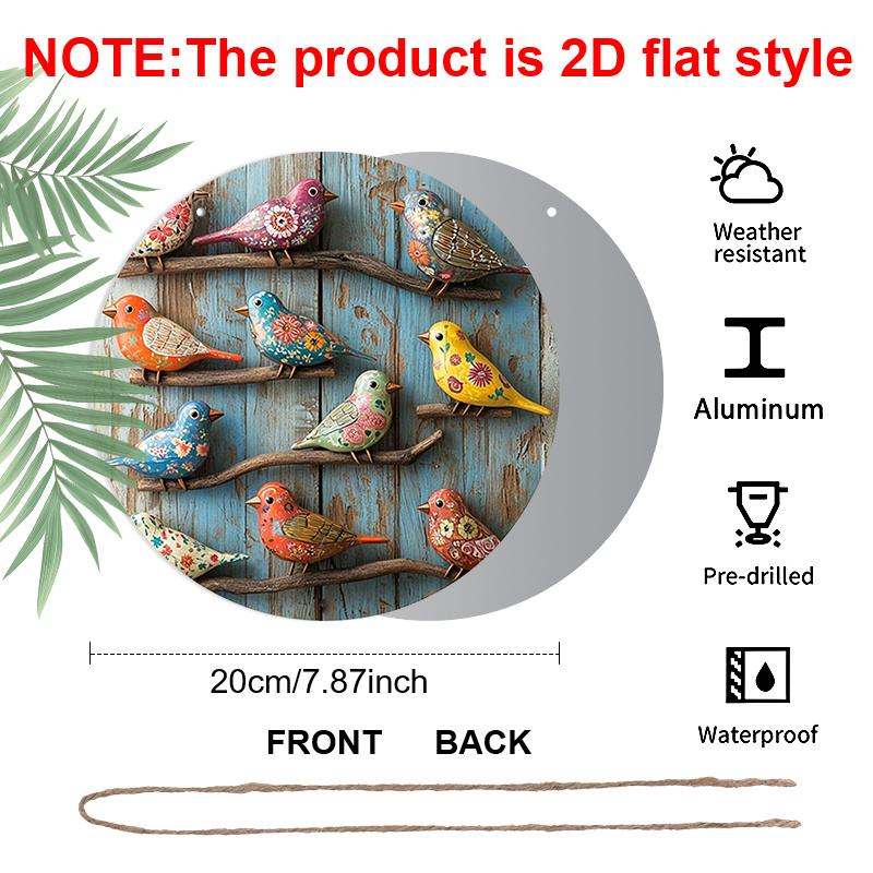 Plano 2D, 1 pieza Redondo de Aluminio Colorido Pájaro de Arte Popular Señal, Vintage Floral Pintado Pájaro Placa de Metal, Impermeable y a Prueba de Óxido, Perfecto para Casa de Campo