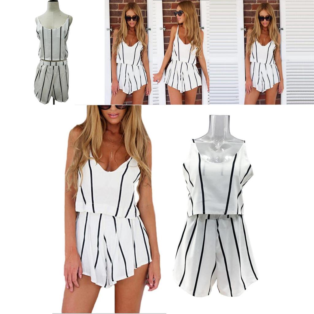 Elegant Striped V-neck Backless Two-piece Outfit Suits For Women In Summer
