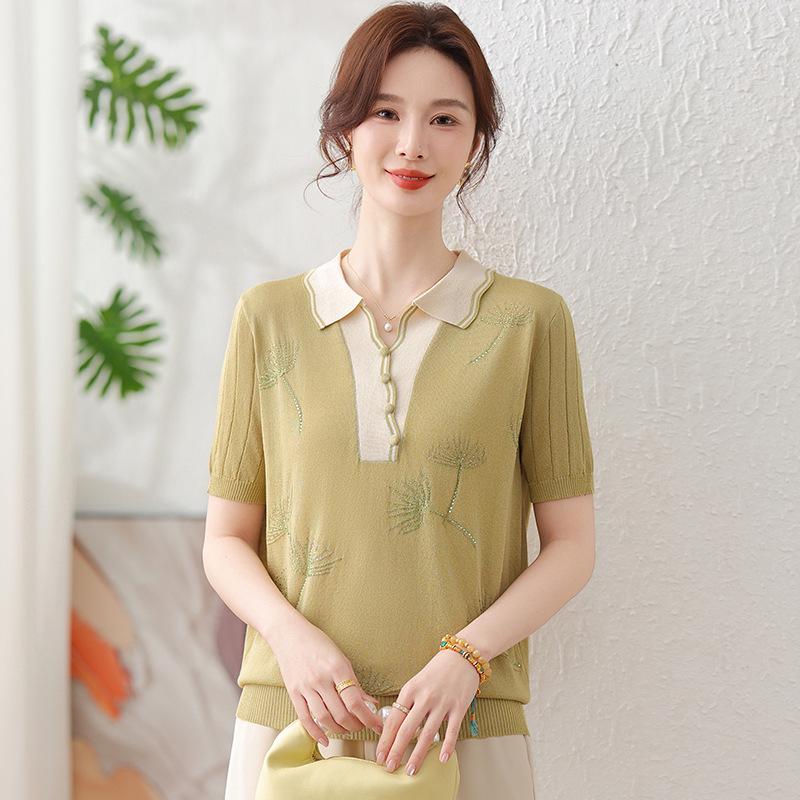 Mother's Day Stylish Ice Silk Short-Sleeve Lapel Blouse for Middle-Aged Women