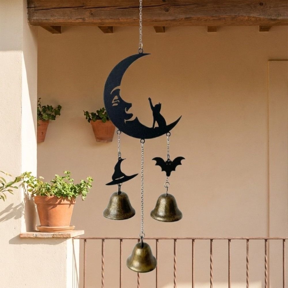 Halloween Theme Retro Halloween Moon Wind Chime Decorative Durable Hanging Bell Ornament Witch Hat Black Cat Wind Chimes Patio