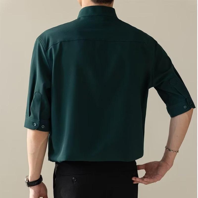 Men Mandarin Collar Half Sleeve Button Down Shirt Casual Loose Breathable Lightweight Business Casual Summer Top