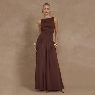 Elegant Sleeveless Maxi Dress For Women Fashion Solid Boat Neck Tank Dresses Ladies Sexy Ruched Long Dress New Gown