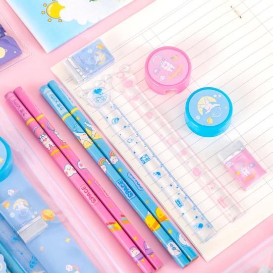 6Pcs/Set Kids Cartoon Stationery Set with 2 Pencils Eraser Sharpener Ruler Transparent Case Students School Supplies Classroom Prizes Gifts