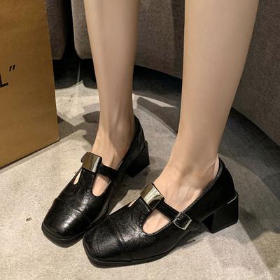 Sapatos Mary Janes Femininos de Bico Quadrado Salto Médio Sapatos de Couro Robustos Feminino Tendência 2025 Moda Outono Elegante Mujer Zapatos