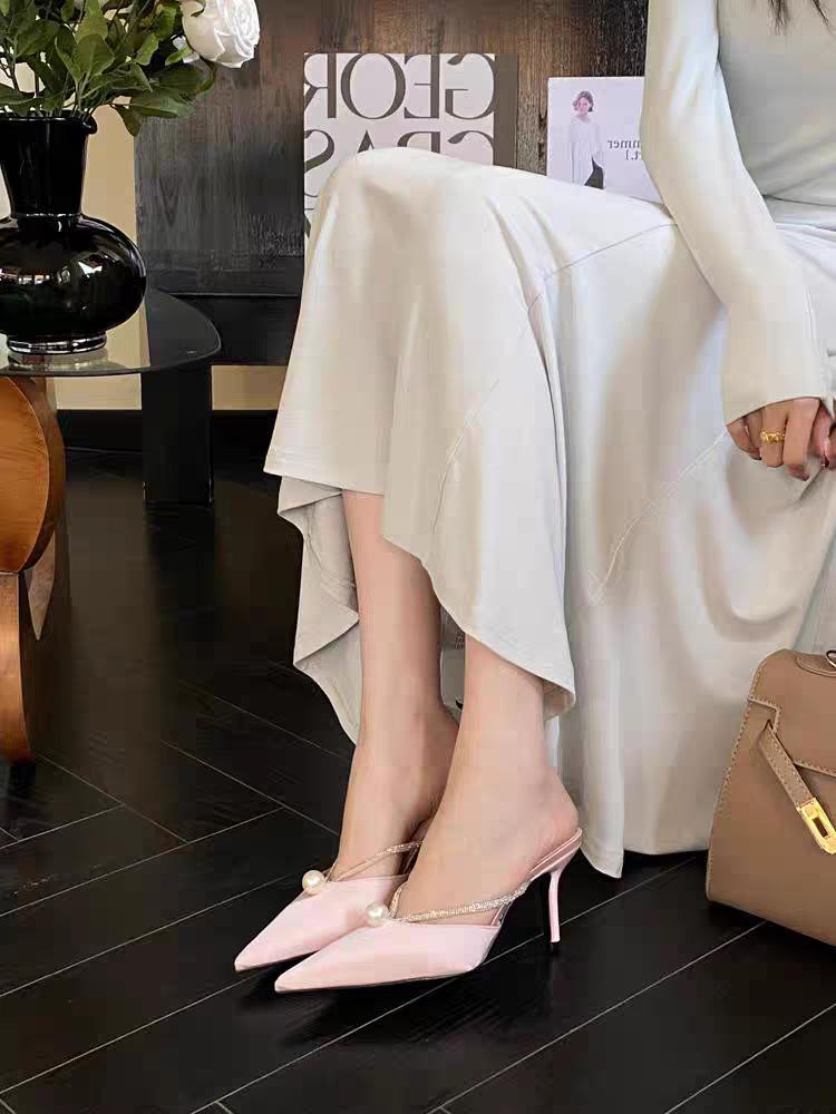 

2025 весна новый острый нос тонкий каблук высокий каблук темперамент тонкий мода сексуальный красивый сумка голова полуперетаскивание женская обувь 40 розовый