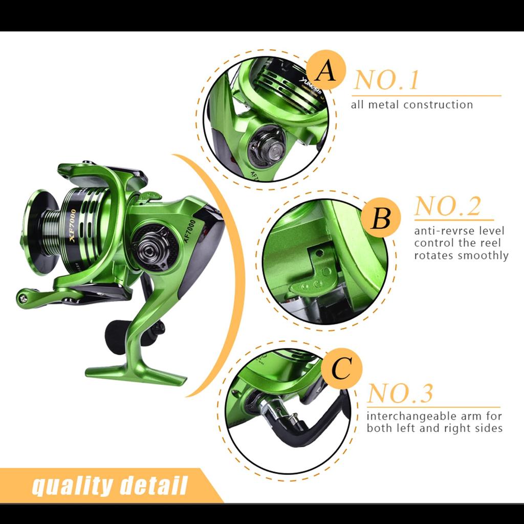 Lightweight metal spinning reel for saltwater fishing highly durable casting suitable for saltwater fishing (Green XF7000), ambidextrous, reel,