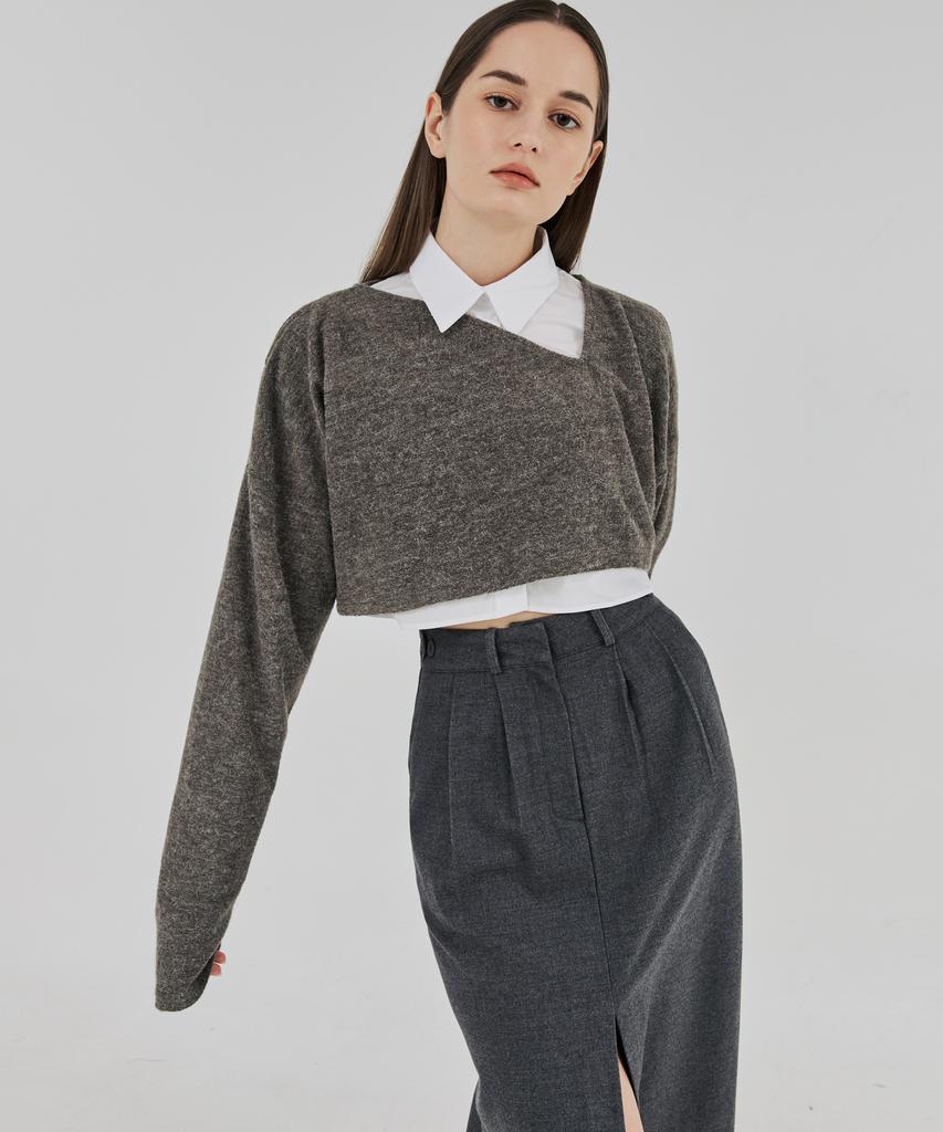 THEFRHT Cutout Two-Way Wool Crop Top (Brown Grey)