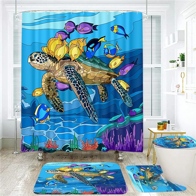 18 Colors 4Piece Marine Style Dolphin Waterproof Shower Curtain Set Anti-slip Mat Base Carpet Toilet Cover Pad Bathroom Kit