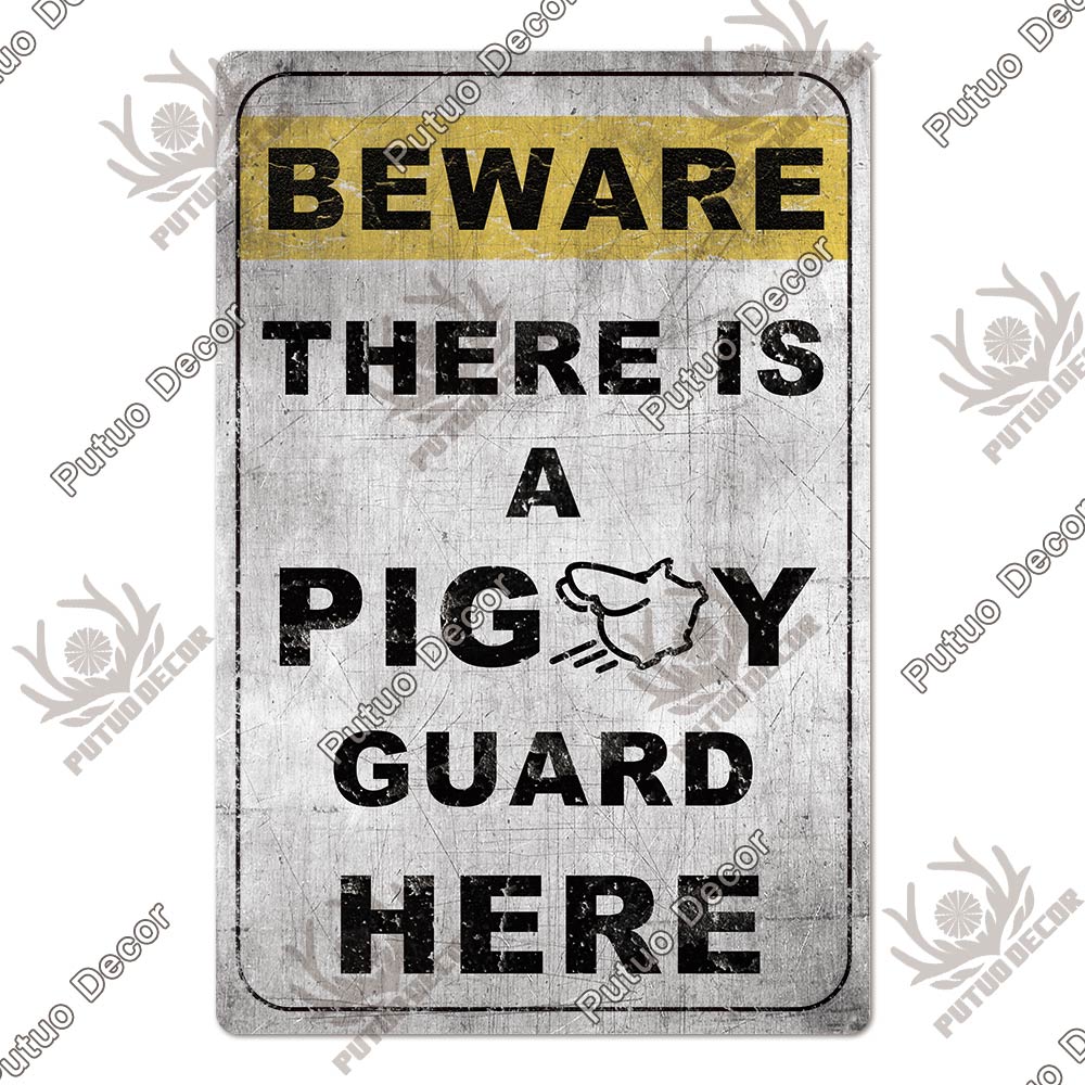 Putuo Decor Warning Tin Sign Vintage Metal Sign Pig Caution Plate Warning Decorative for Zoo Piggy Farm House Wall Decor