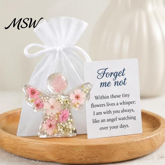 Regalo Angelo Custode tascabile, Ricordo Fiore Secco Non Ti Scordar Di Me, Mini Statuetta Tascabile in Acrilico Abbraccio, Ornamento Floreale Fatto a Mano, Conforto Memoriale