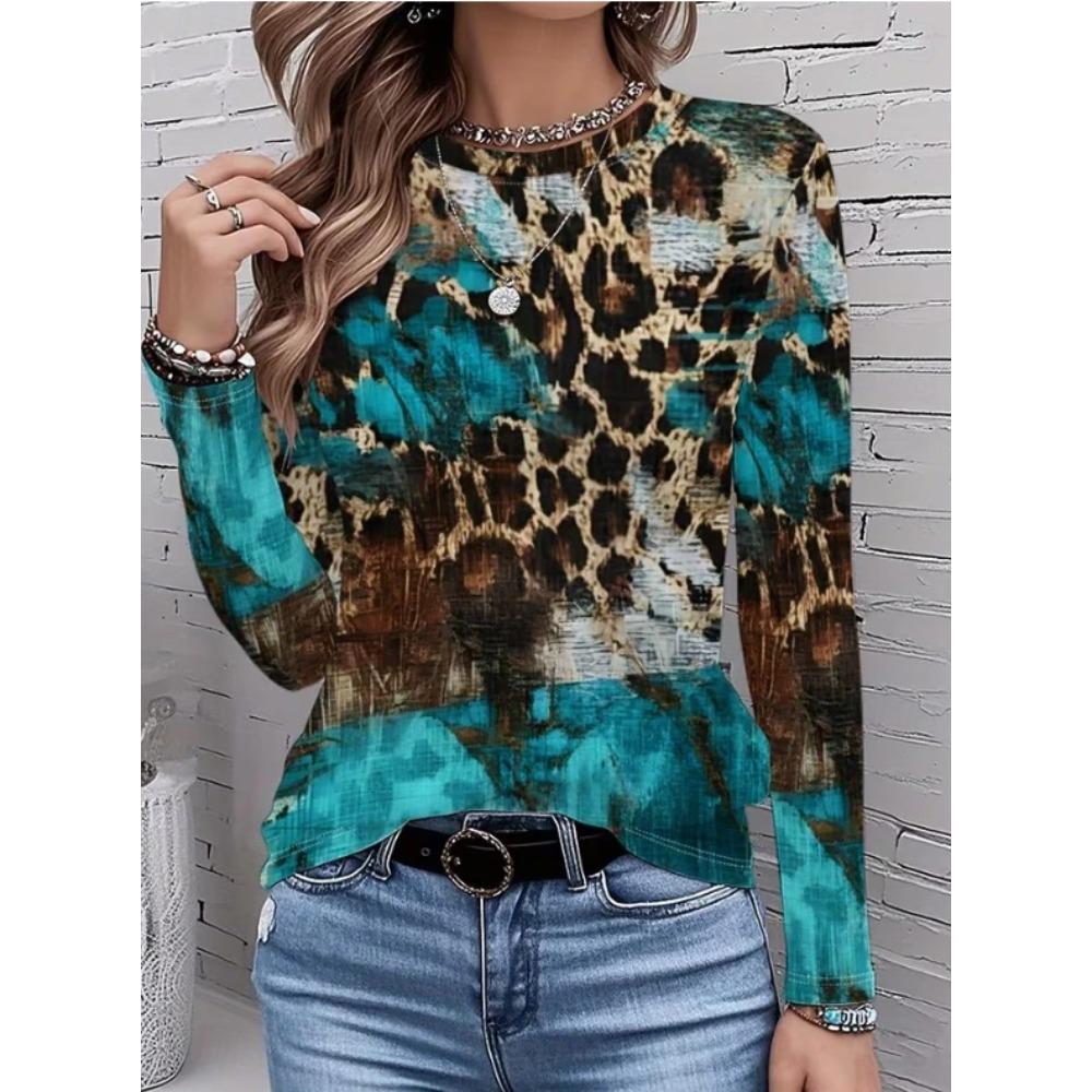 Tops for Women Leopard Print Print Round Neck Long Sleeve T-shirt Fall Casual Slim Pullover Women's Long Sleeve Top