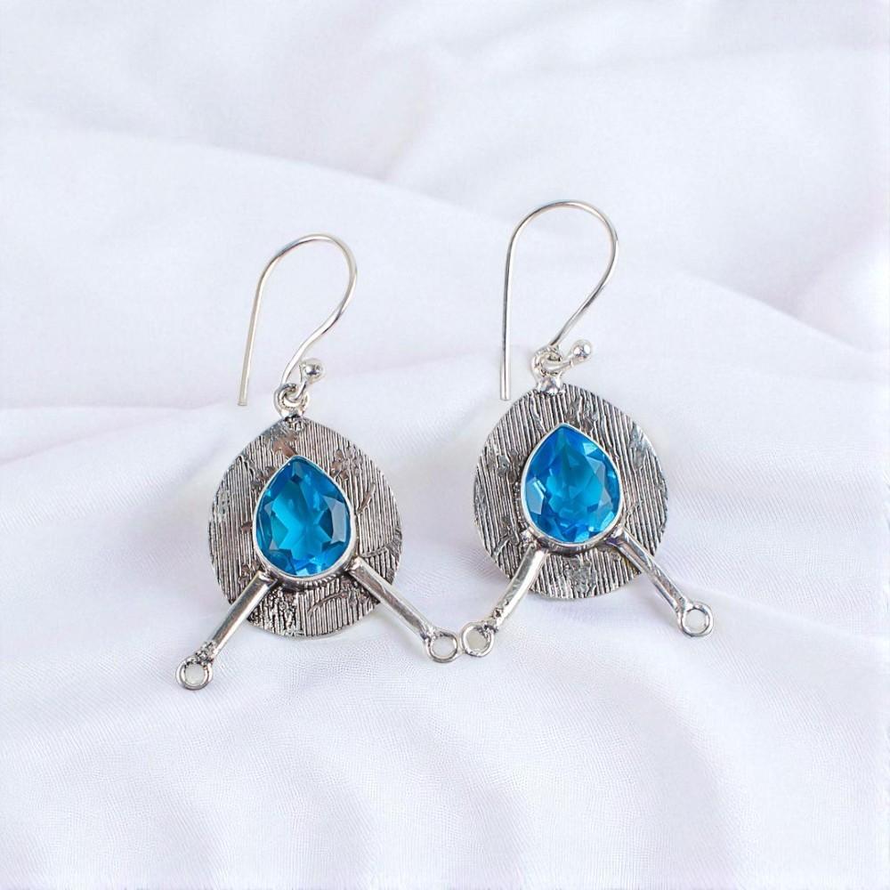 Swiss Blue Topaz Gemstone 925 Sterling Silver Jewelry Handcrafted Earrings1.86" EE-78-11