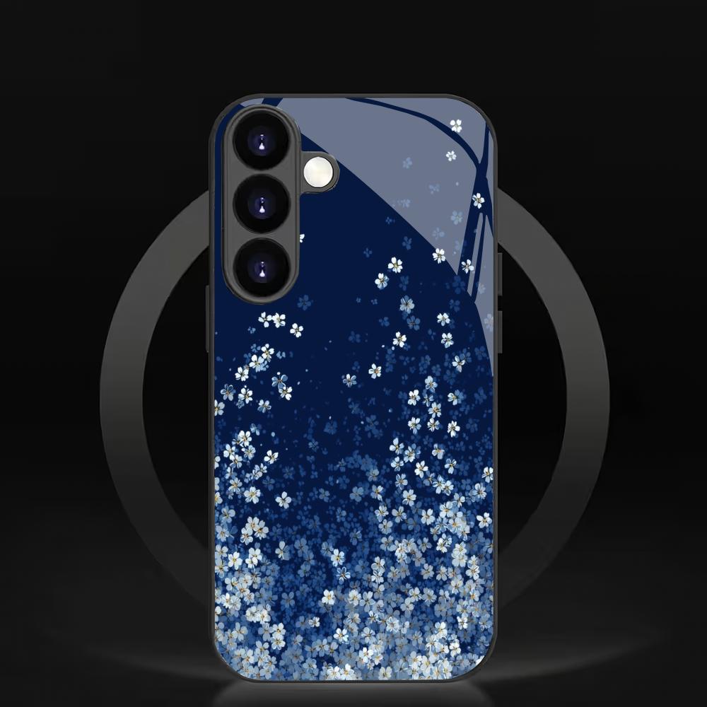 Blue flower tempered glass phone case suitable for Samsung Galaxy S26 S25 S24 S23 S22 S20 FE/Ultra/Plus anti drop back cover