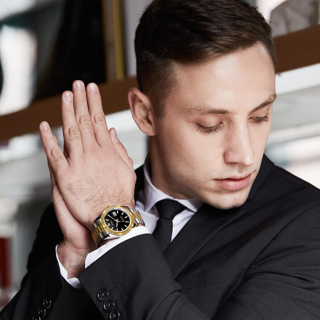 BUREI Waterproof Quartz Analog Simple and Popular for Business and Gold and Black Luminous Perfect as a Birthday Gift Men's Watch, Fashion, Finish,