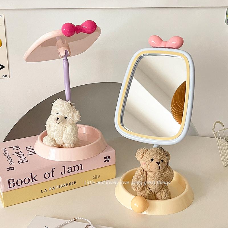Cute Multifunctional Makeup Mirror with Jewelry Storage Tray Student Dormitory Standing Mirrors Phone Holder Korean Style 2025
