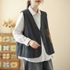 Women Cotton V Neck Vest Sleeveless Patch Pocket Button Down Vintage Casual Loose Waistcoat Gilet