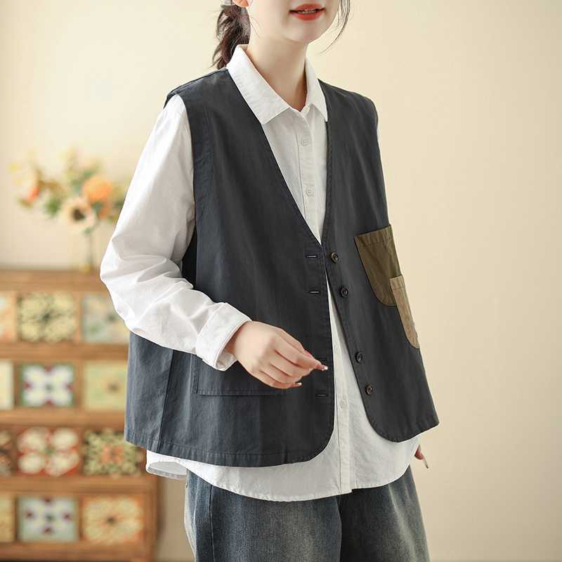Women Cotton V Neck Vest Sleeveless Patch Pocket Button Down Vintage Casual Loose Waistcoat Gilet
