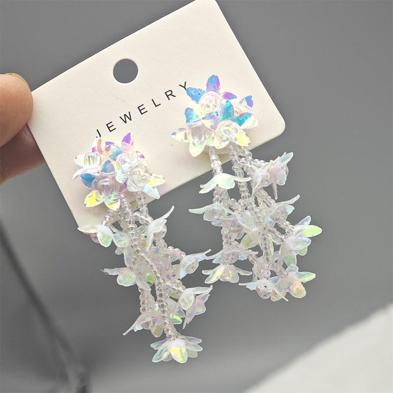 Fashionable Sequin Flower Tassel Earrings for Women - Versatile, Sweet, Girly, with Colored Beads for a High-End Feel