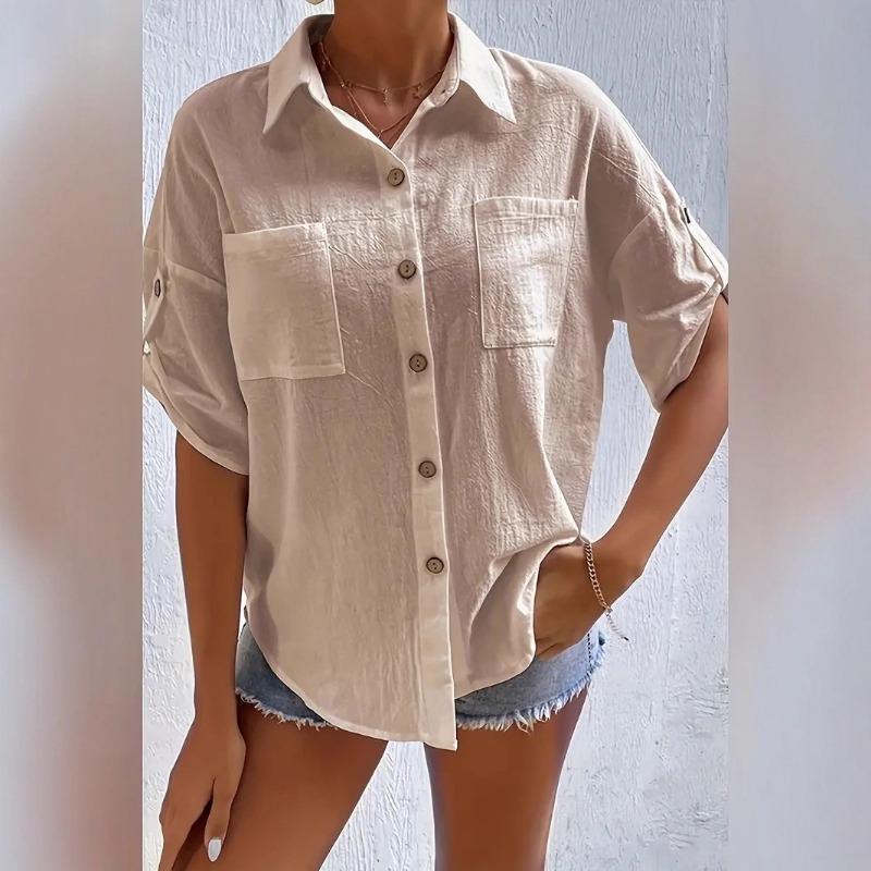 Women's Summer Cotton and Linen Shirt, Lapel Pockets, Loose Short-sleeved Solid Color Shirt Top