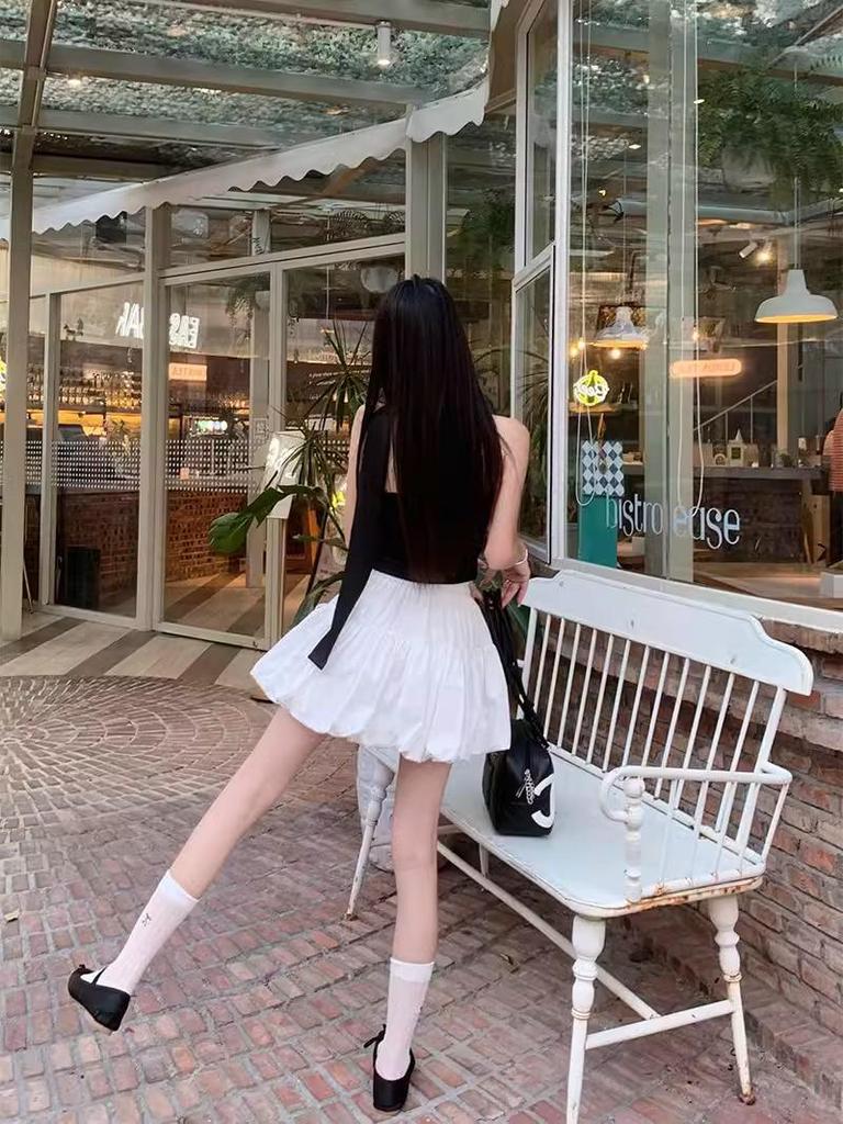 Women's Gray High-Waist Pleated Bow Skirt: Summer Slimming, Ant-Exposure Lantern Style