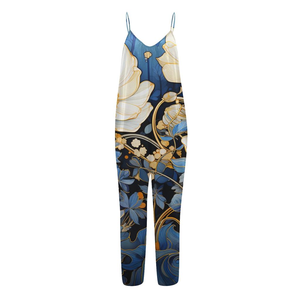 Women's Printed Jumpsuit Casual Loose Adjustable Suspender Jumpsuit