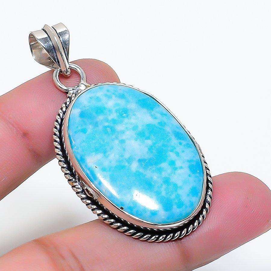 Natural Larimar Gemstone Handmade 925 Sterling Silver Jewelry Pendant 1.97" AP-15874