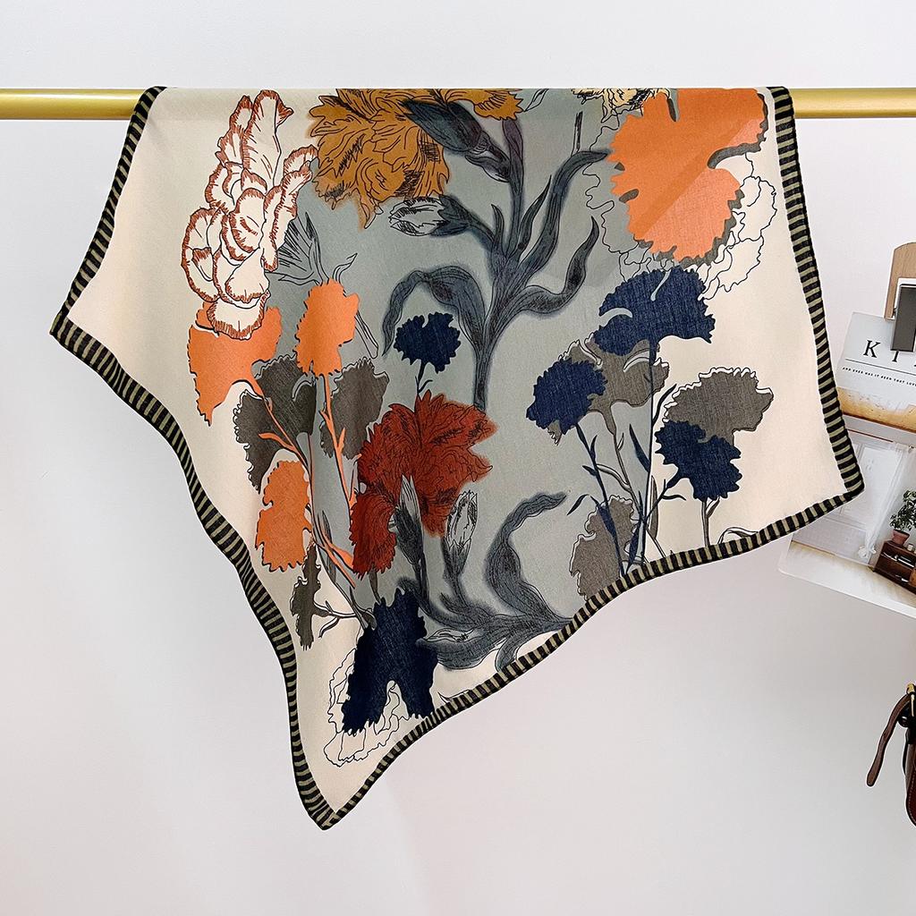 Color Matching Plant Flower Silk Scarf Four Seasons Foreign Gas Cotton And Linen Square Scarf Thin Windproof Neck Protection Scarf Decoration