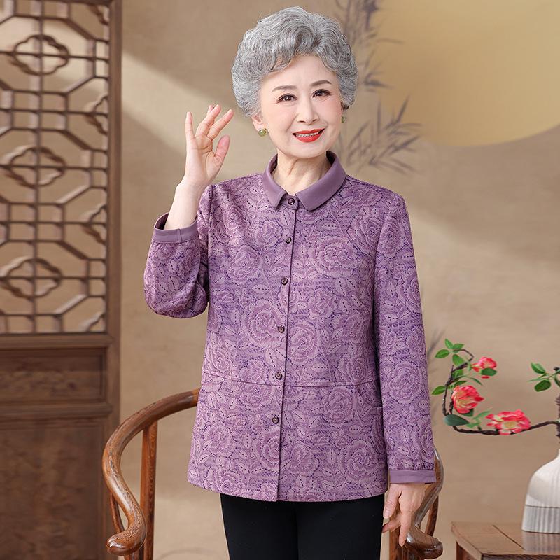 Loose Long-Sleeve Shirt for Elderly Women - Spring/Fall Wear for 60s-70s Grandma, Mother-in-law, or Mom