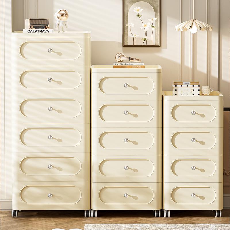 Cream Style Plastic Storage Cabinet: Thick Drawer-Type Bedside Table for Bedroom or Living Room Snack Storage.