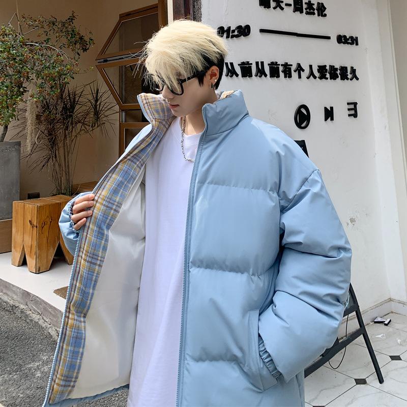 Unisex Reversible Puffer Jacket Oversized, Two Sided Solid & Plaid Warm Winter Zip Coat Stand Collar Streetwear Outerwear