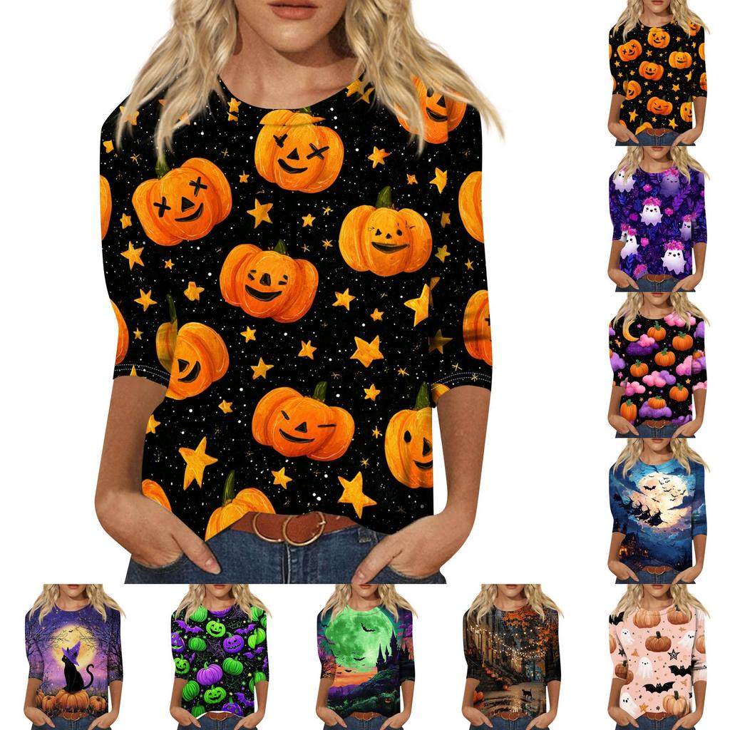 Women's Casual Halloween Print Round Neck Top Three Quarter Sleeve Lightweight Comfortable Street Style Shirt