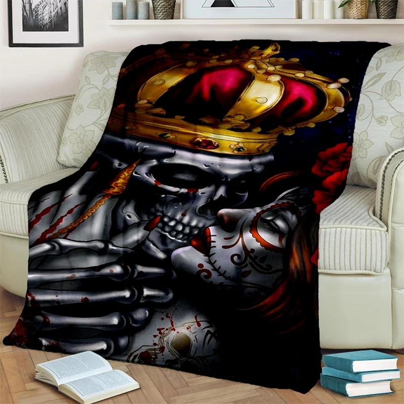 Gotisch Schedel Gezicht Roos Vrouw Verschrikkelijke Cartoon Deken, Zachte Plaid Deken voor Huis Slaapkamer Bed Bank Reis Picknick Cover Kinder Cadeau