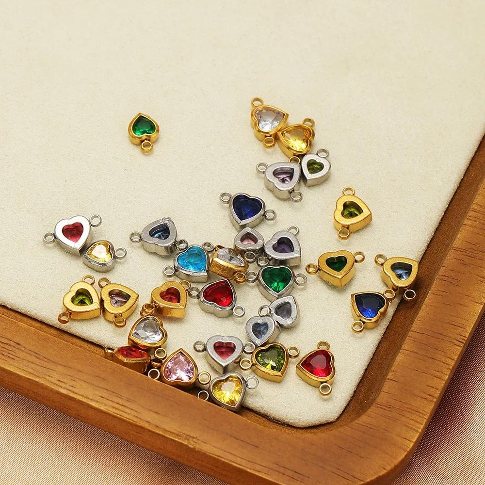 10 stuks Roestvrij Staal 12 Maanden Geboortesteen Hart Zirconia Bedeltjes Connector DIY Sieraden Onderdelen Ketting Armbanden Oorbellen Maken